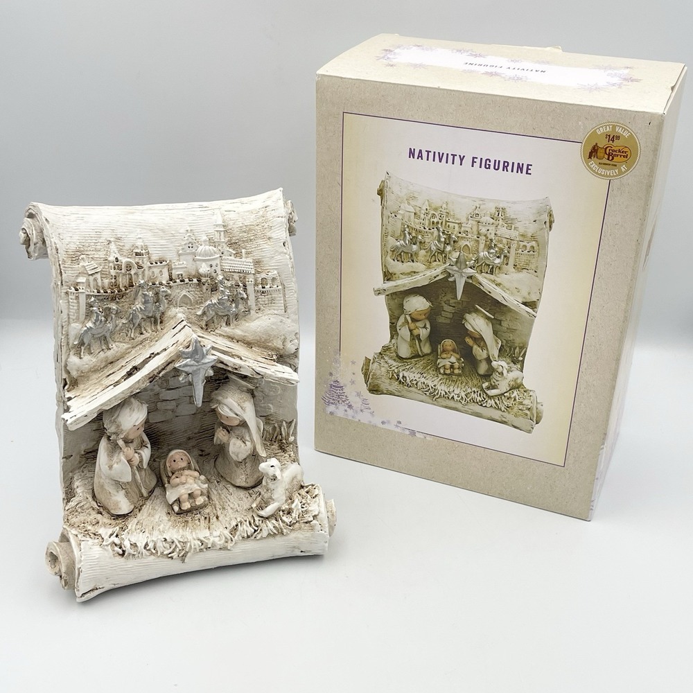 Cracker Barrel Nativity Figurine Scroll Holy Family Wise Men Resin Boxed